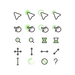 A set of green flat simple cursor icons. Minimalistic flat mouse cursor, pointer, hand, zoom in, zoom out.