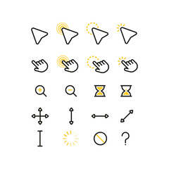 A set of yellow flat simple cursor icons. Minimalistic flat mouse cursor, pointer, hand, zoom in, zoom out.