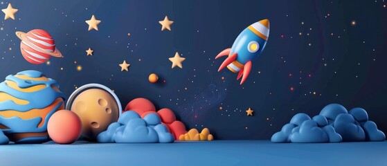 Cute 3D Space Scene. Planets, Spaceships, and Stars on Dark Blue Background