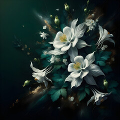 Piękne białe kwiaty orliki, na zielonym tle, dekoracja tapeta generative ai - obrazy, fototapety, plakaty