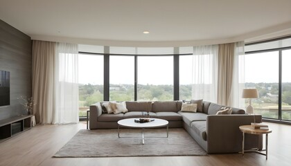 A panoramic shot capturing the entire living room space, with the focal point being a large window covered in sheer curtains, allowing natural light to filter in. - obrazy, fototapety, plakaty