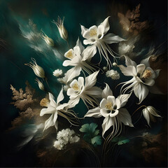 Piękne białe kwiaty orliki, na zielonym tle, dekoracja tapeta generative ai - obrazy, fototapety, plakaty