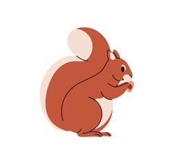 Squirrel, forest animal with furry fluffy tail. Cute small rodent eating food, feeding with nut, acorn in paws. Fuzzy mammal character. Flat vector illustration isolated on white background - 767747241