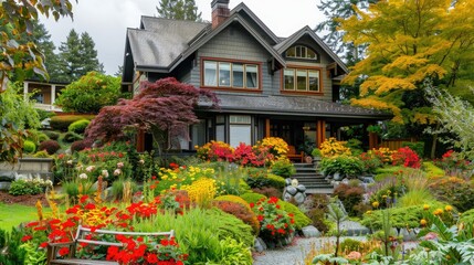 A beautiful house with gardens, on a white background, uses a color palette with reds, yellows and...