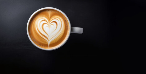 The cup of latte coffee with heart shaped latte art on dark background