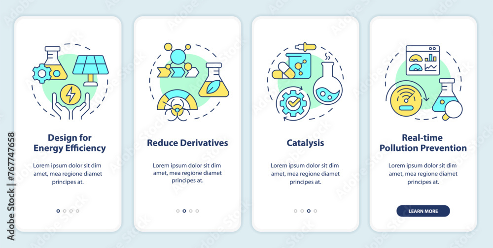 Poster green chemistry basics onboarding mobile app screen. walkthrough 4 steps editable graphic instructio