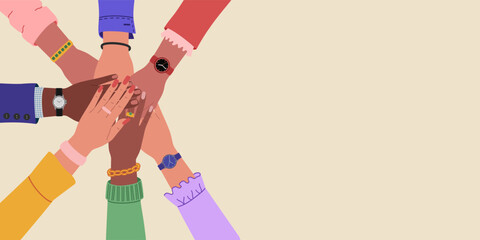 Different multiracial hands putting together. Concept of teamwork, social movement, partnership, cooperation. Hand drawn vector illustration isolated on light background.Modern flat cartoon style.