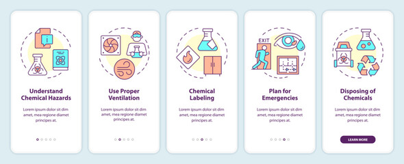 Lab workplace safety organization onboarding mobile app screen. Walkthrough 5 steps editable graphic instructions with linear concepts. UI, UX, GUI template. Myriad Pro-Bold, Regular fonts used