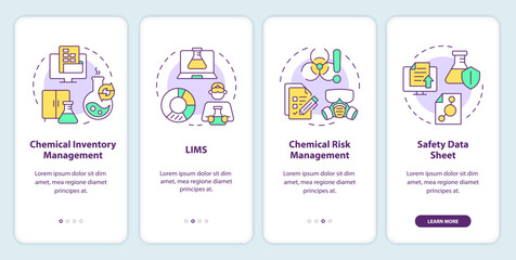 Chemical management onboarding mobile app screen. Safety measures. Walkthrough 4 steps editable graphic instructions with linear concepts. UI, UX, GUI template. Myriad Pro-Bold, Regular fonts used