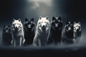 Illustration d'une meute de loups noirs et blanc dans la nuit. - obrazy, fototapety, plakaty