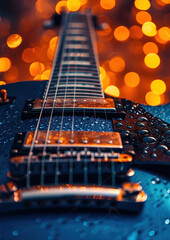 Gros plan d'une guitare électrique, éclairage cinématique, lumière orange en arrière-plan, gouttes d'eau.