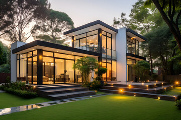 Fototapeta na wymiar Modern Luxury Two-Story House with Garden – An Architectural Excellence in Real Estate Concept