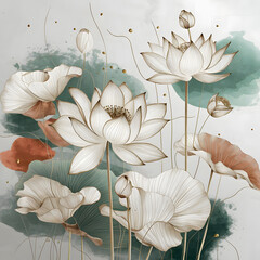 A stunning minimalist line art piece featuring exquisite lotus flowers and foliage, delicately drawn with watercolor.