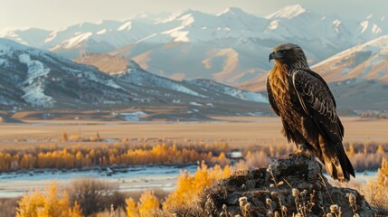 Large Bird Perched on Top of Rock - obrazy, fototapety, plakaty