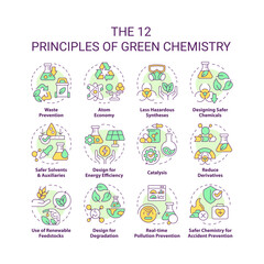 Green chemistry principles multi color concept icons. Chemical synthesis, harmful substances. Icon pack. Vector images. Round shape illustrations for infographic, presentation. Abstract idea