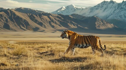 Fototapeta premium Tiger Walking Across Dry Grass Field