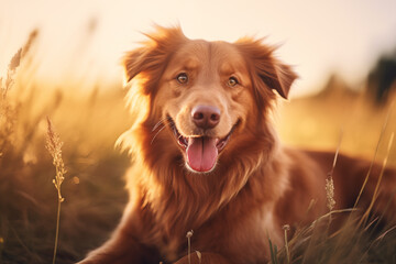 Sunset Joy: Delighted Dog in a Field with Golden Light