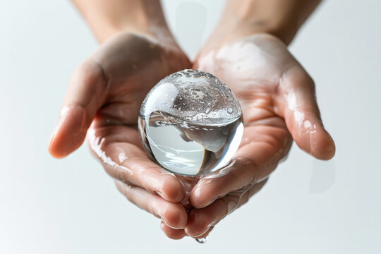 Environment conservation. Close-up human hands of a drop of clear water with a globe inside on a white background. Banner with copy space. Environment Earth Day. Saving  sustainable. Save Earth