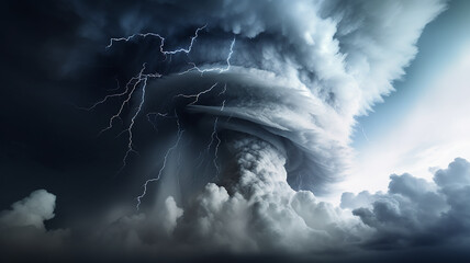 Tornado with lightning in the clouds, hurricane weather - obrazy, fototapety, plakaty