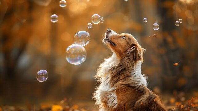 An Australian Shepherd dog playfully chasing soap bubbles, its fur a blur of excitement.