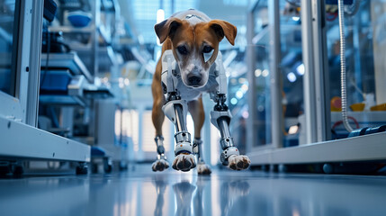 怪我や病気で、最新技術のテックウェアを身に着け、暮らしを取り戻した犬 - obrazy, fototapety, plakaty