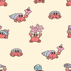 Childish seamless pattern with funny sea or marine crabs on the beach. Colorful illustration crustacean animals. Cartoon characters
