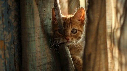 Two adorable kittens engaged in a game of hide-and-seek among sun-dappled curtains. 