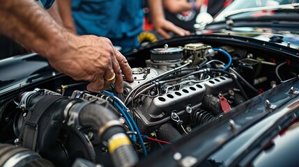 Close-up of a mechanic's hands fine-tuning a sports car engine in the pit lane before a race - obrazy, fototapety, plakaty