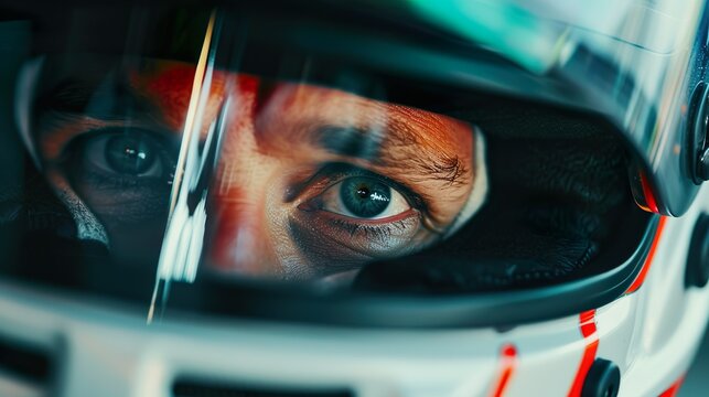 Close-up image of a driver's focused eyes peeking through the helmet visor during a high-speed race