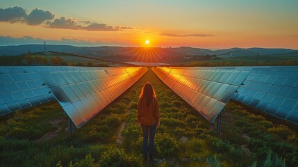 Woman at dusk in solar panel field with sky and horizon - obrazy, fototapety, plakaty