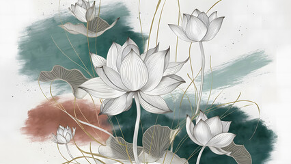 A stunning minimalist line art piece featuring exquisite lotus flowers and foliage, delicately drawn with watercolor.