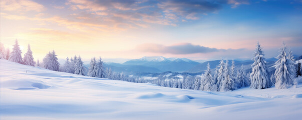 Sunrise over snowy mountain forest landscape