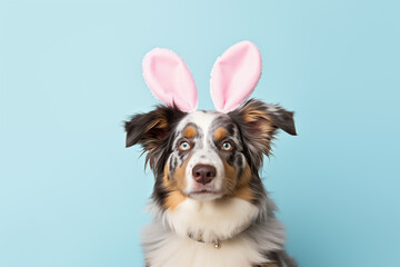Easter Surprise: Cute Dog with Bunny Ears on Pastel Blue Background