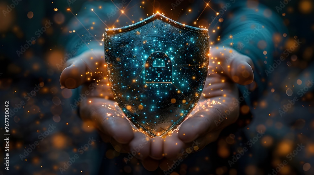 Poster Businessman holding Shield with padlock in hand on global networking connection. Cyber security data protection.