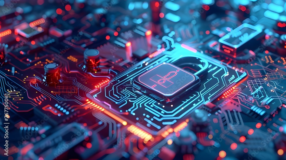 Poster Blue padlock on a circuit board. Technology banner. Network connection. Cybersecurity backdrop background.