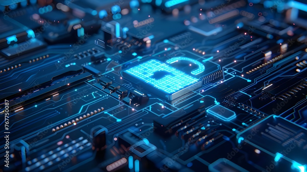 Aufkleber locks on blue integrated circuit. cyber security and protection of private information and data conc