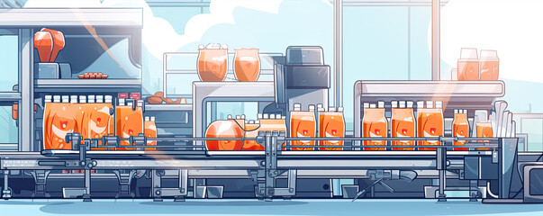 Modern juice bottling production line illustration