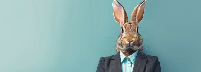 A businessman head looks like a rabbit wearing an office suit against a blue background - obrazy, fototapety, plakaty