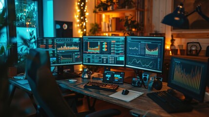 Computer monitors, laptop with trader charts on the desk. Trader workplace concept