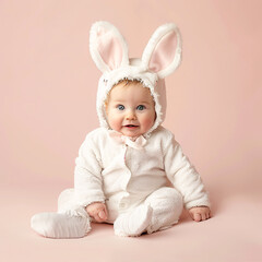 Obraz na płótnie Canvas Adorable Infant in Easter Bunny Costume on Soft Pastel Pink Background