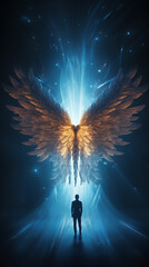 A man stands in front of a winged angel, looking up at it