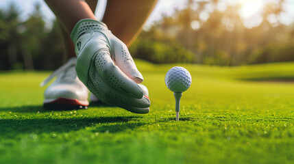 Gloved hand placing golf ball on tee on grassy course. - obrazy, fototapety, plakaty