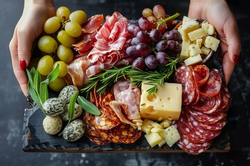 A person is holding a wooden tray with a variety of food items. including cheese and wine