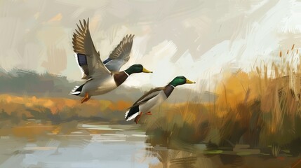 A pair of mallard ducks taking flight from a serene marshland, wings outstretched in harmony.  - obrazy, fototapety, plakaty