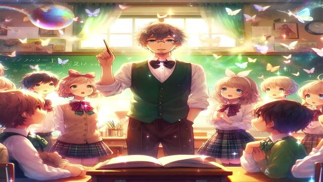 Male teacher is teaching his students in a classroom, with glowing particles and fantasy vibes. Suitable for Happy teacher's day etc.