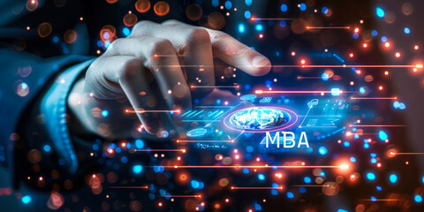 A futuristic business concept image showcasing icons and a glowing MBA cube, representing the integration of technology and advanced education in modern business administration and management programs