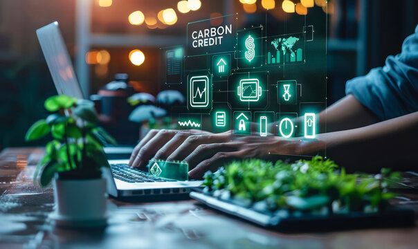 Eco-friendly, carbon-neutral digital services & technology symbolized by green icons hovering over a laptop, promoting sustainable practices and reducing environmental impact through virtual solutions