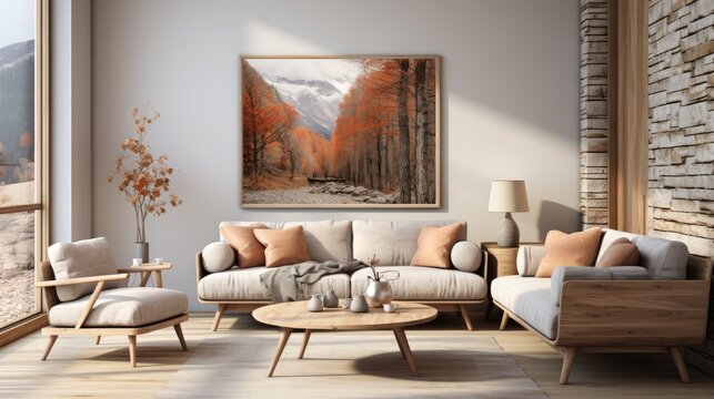 A living room with a large framed picture of a forest on the wall. The room is furnished with a couch, two chairs, and a coffee table. The atmosphere is cozy and inviting
