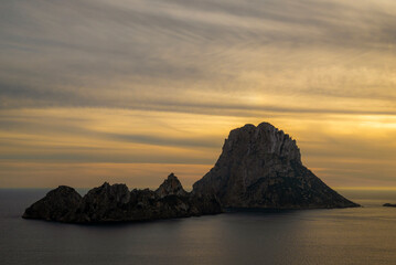 Sunset over Es Vedra and Es Vendrell little islands near Cala D´Hort beach, Sant Joan de Sa Talaia, Ibiza, Balearic Islands, Spain