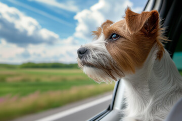 A dog is looking out the window of a car. The dog is brown and white